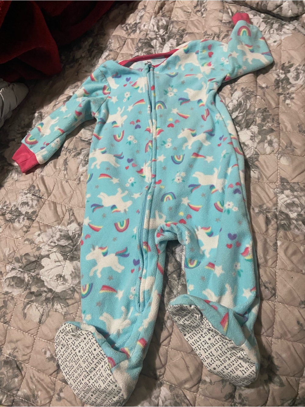 Unbranded Girls' Blue Unicorn & Rainbow Fleece Footed One-Piece 12 months